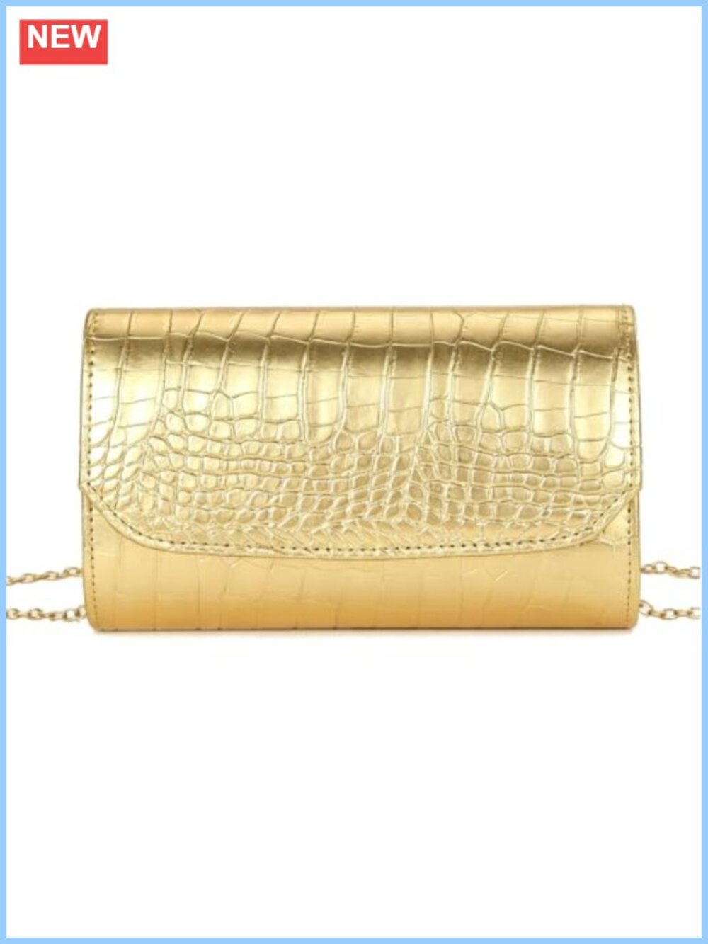 Metallic Crocodile Embossed Flap Clutch Evening Bag with Chain Strap